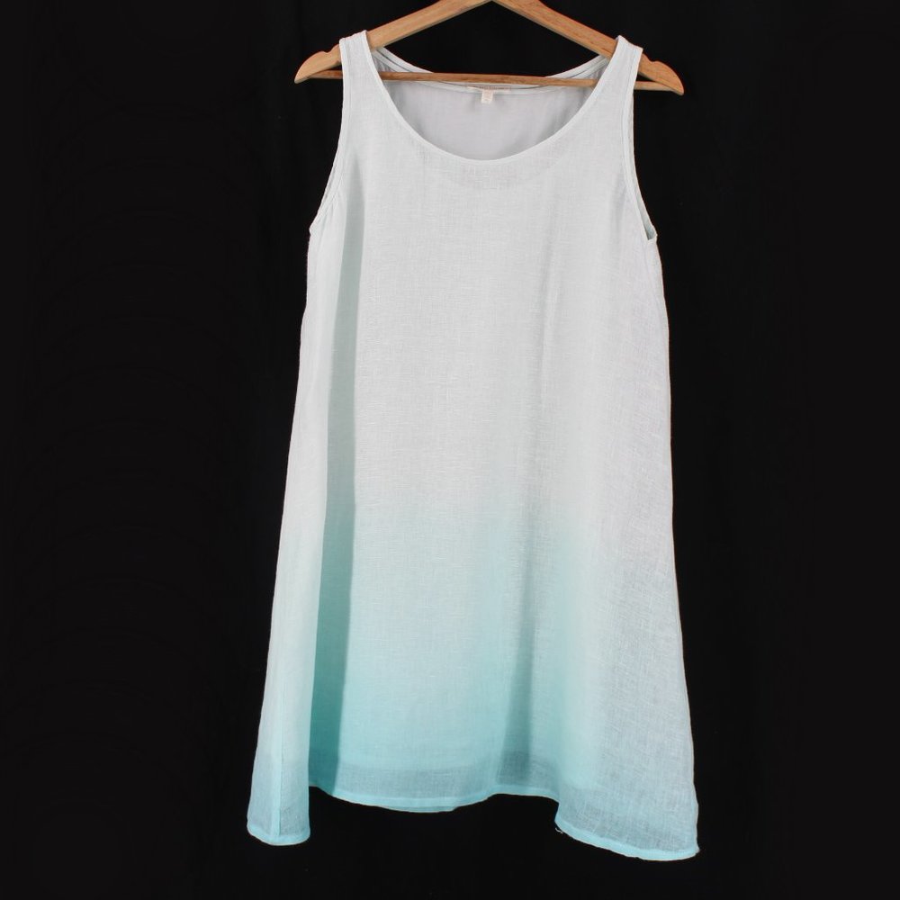 Eileen Fisher Linen Gauze Dress Aqua Blue Ombre A Line Layered Slip Included P - Picture 5 of 15